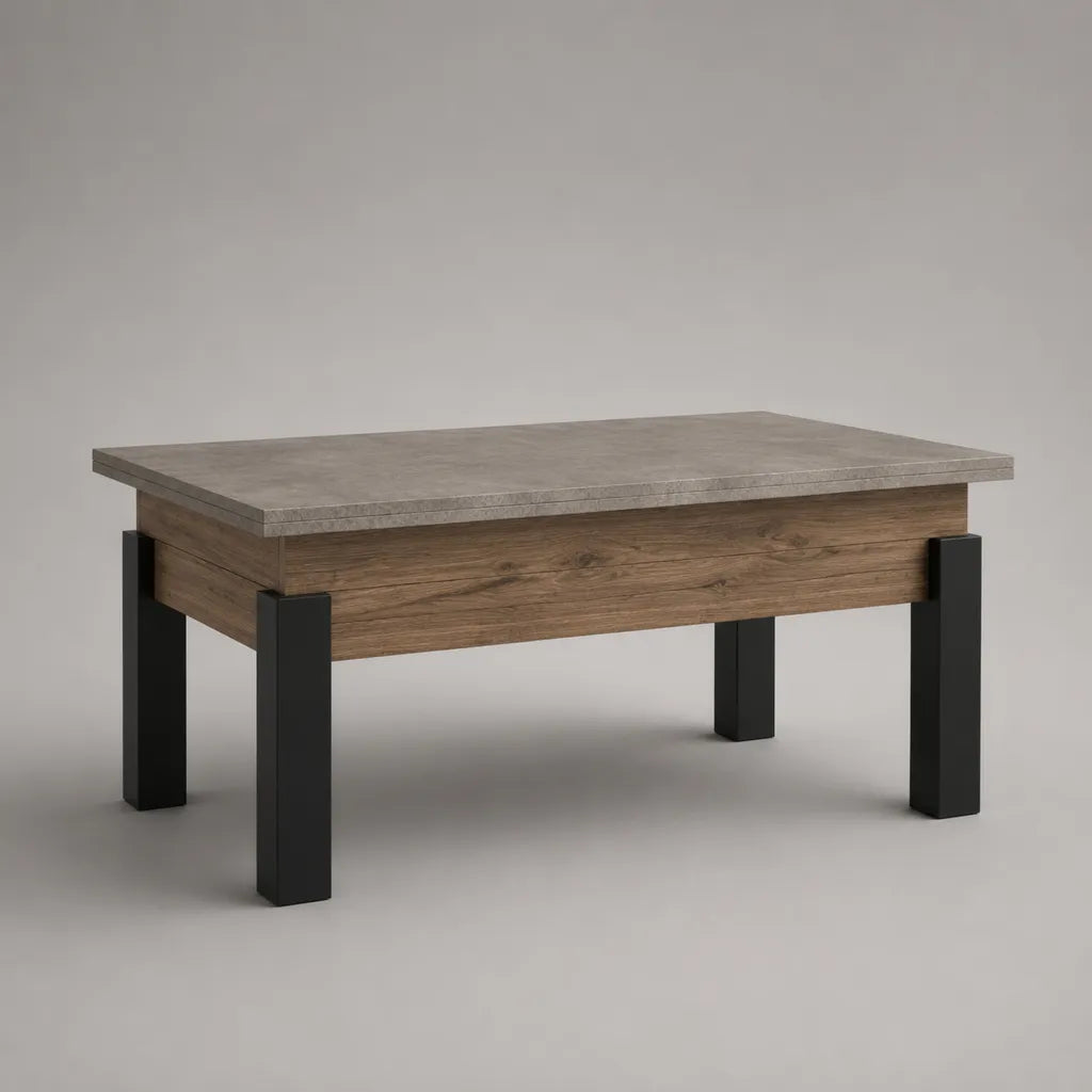 Rechteckiger Couchtisch mit höhenverstellbarer Tischplatte aus Spanplatte und Stahl, Grau/Braun/Schwarz, 100 × 60 × 50–65 cm