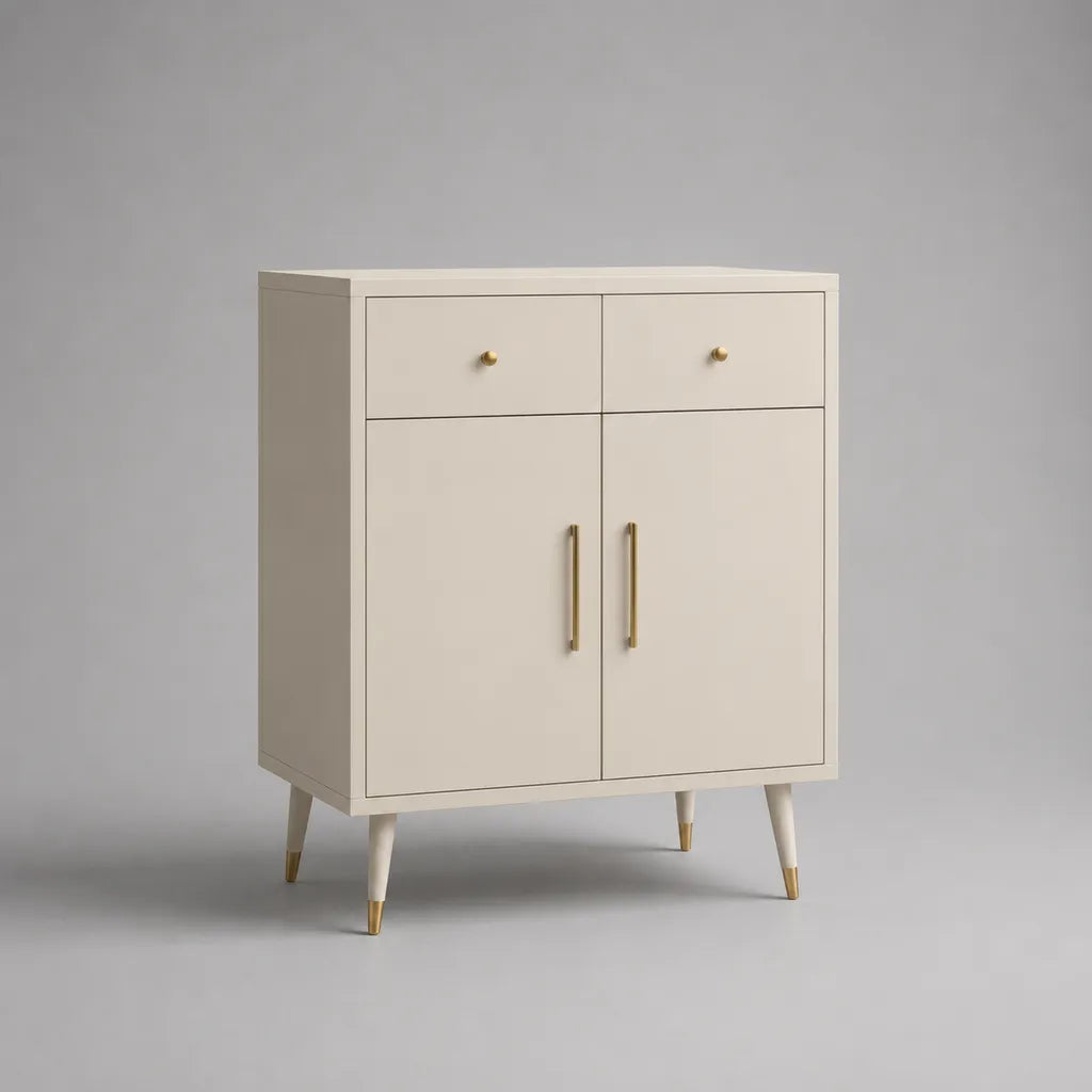 Sideboard aus MDF und Massivholz mit 2 Schubladen und 2 Türen, Cremeweiß und Goldfarben, 90 × 40 × 115 cm