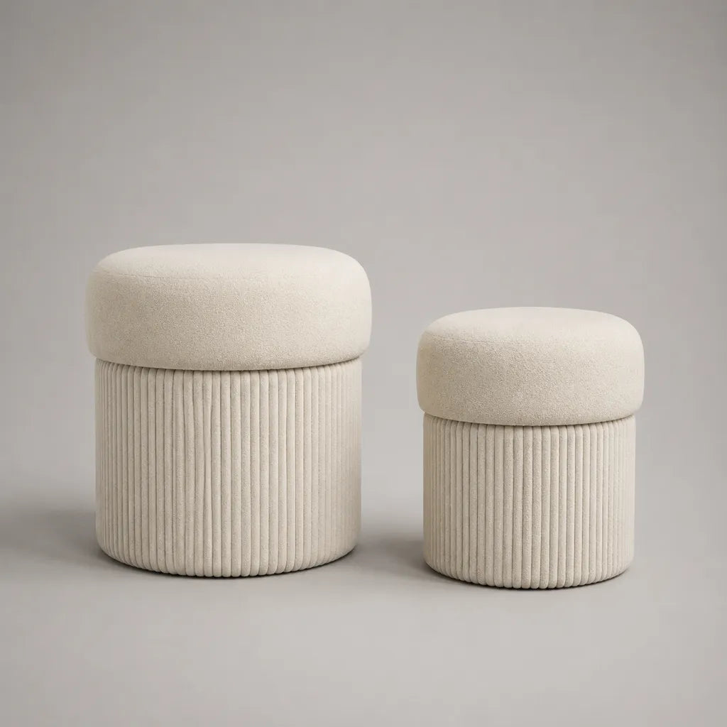 Fußhocker 2er-Set, runde Polsterhocker aus Polyester-Bouclé und Cord, Cremeweiß, Ø 44 × H 49 cm und Ø 35 × H 40 cm