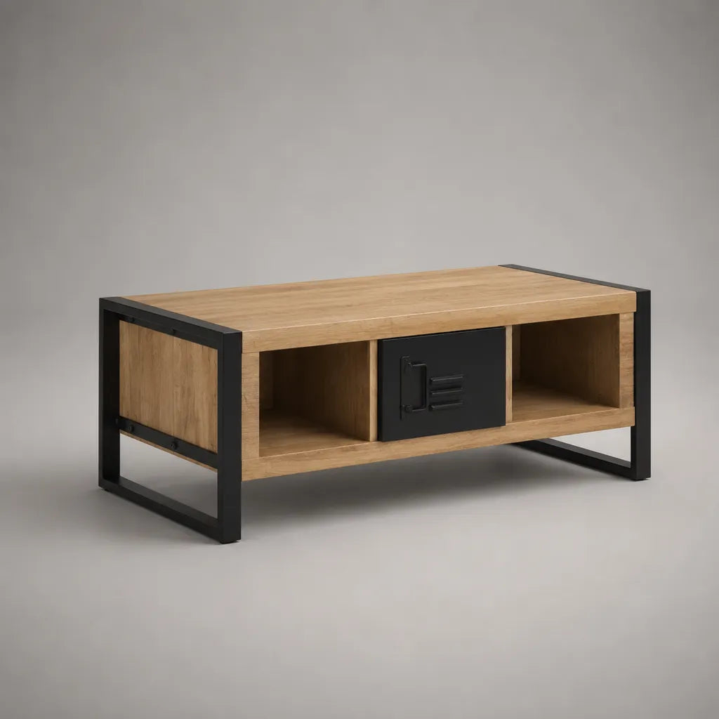 Rechteckiger Couchtisch mit Stauraum aus Massivholz und Stahl, Naturbraun/Schwarz, 100 × 50 × 45 cm