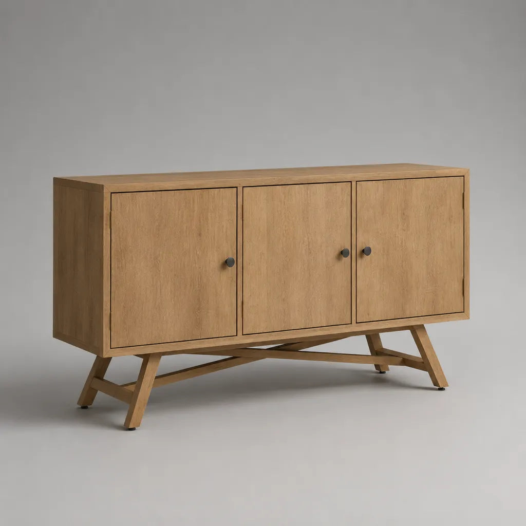 Sideboard mit 3 Türen, Eichenfurnier und Massivholzgestell, Naturbraun/Anthrazit, 150 × 40 × 85 cm
