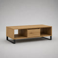 Couchtisch mit Schublade und Ablagefächern, MDF mit Eichenfurnier, Stahlgestell, Natur/Schwarz, 110 × 60 × 45 cm