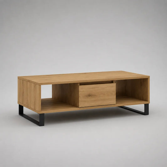 Couchtisch mit Schublade und Ablagefächern, MDF mit Eichenfurnier, Stahlgestell, Natur/Schwarz, 110 × 60 × 45 cm