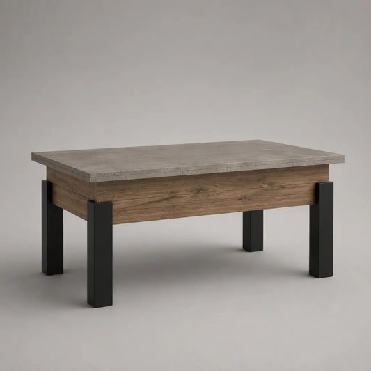 Rechteckiger Couchtisch mit höhenverstellbarer Tischplatte aus Spanplatte und Stahl, Grau/Braun/Schwarz, 100 × 60 × 50–65 cm