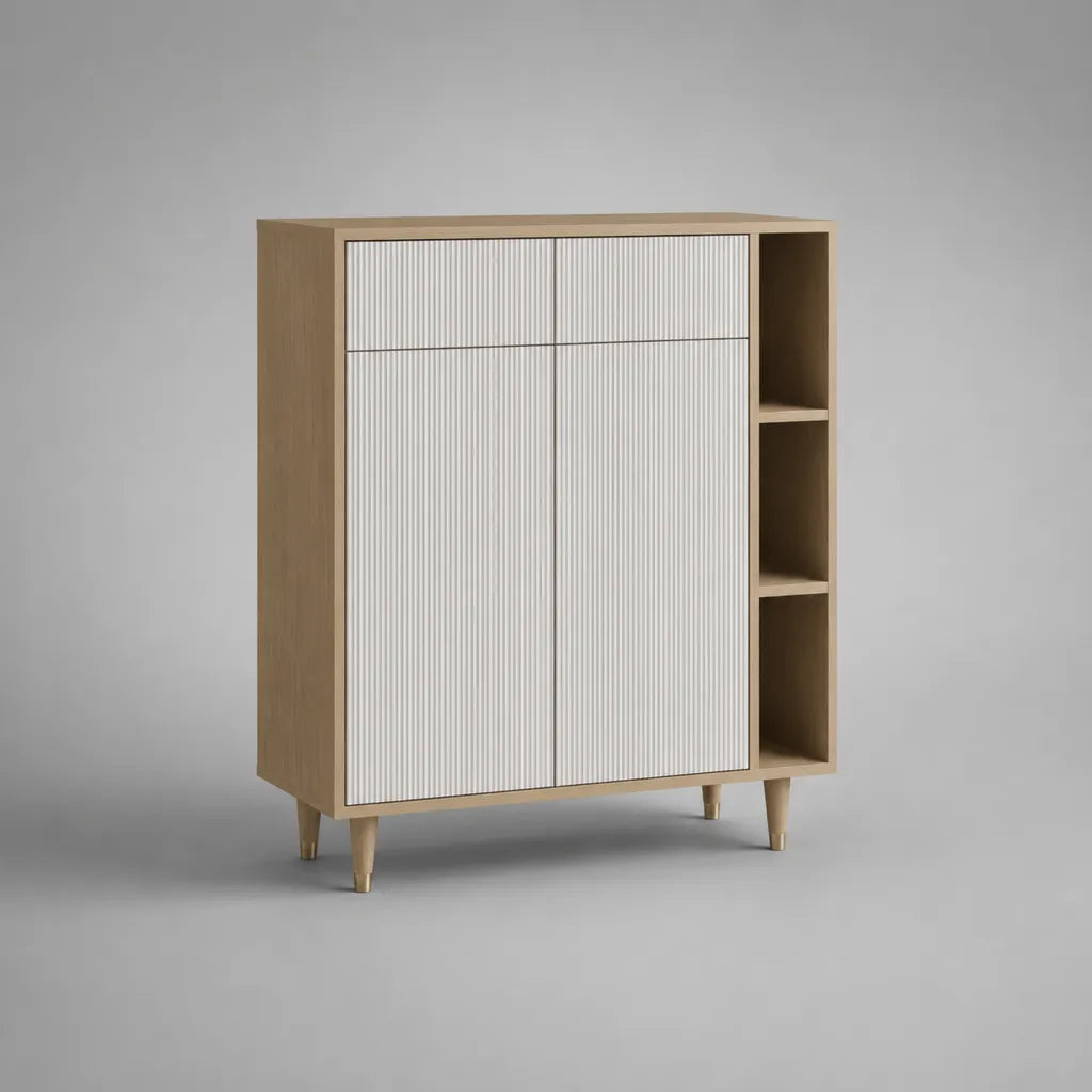 Highboard aus Spanplatte und MDF mit 2 Türen, 2 Schubladen und 3 offenen Fächern, Natur und Weiß, 120 × 40 × 140 cm