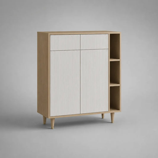 Highboard aus Spanplatte und MDF mit 2 Türen, 2 Schubladen und 3 offenen Fächern, Natur und Weiß, 120 × 40 × 140 cm