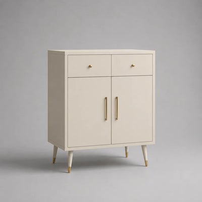 Sideboard aus MDF und Massivholz mit 2 Schubladen und 2 Türen, Cremeweiß und Goldfarben, 90 × 40 × 115 cm