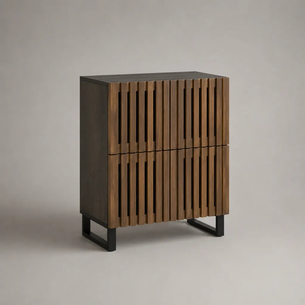 Highboard mit 4 Türen, Lamellenfront aus MDF und Stahlgestell, Braun/Schwarz, 90 × 40 × 110 cm