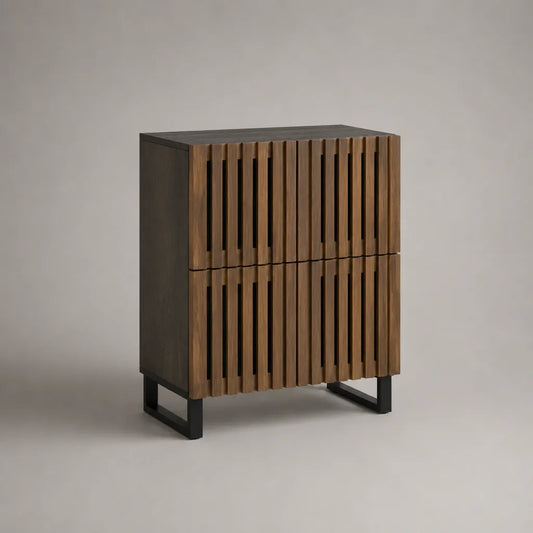 Highboard mit 4 Türen, Lamellenfront aus MDF und Stahlgestell, Braun/Schwarz, 90 × 40 × 110 cm
