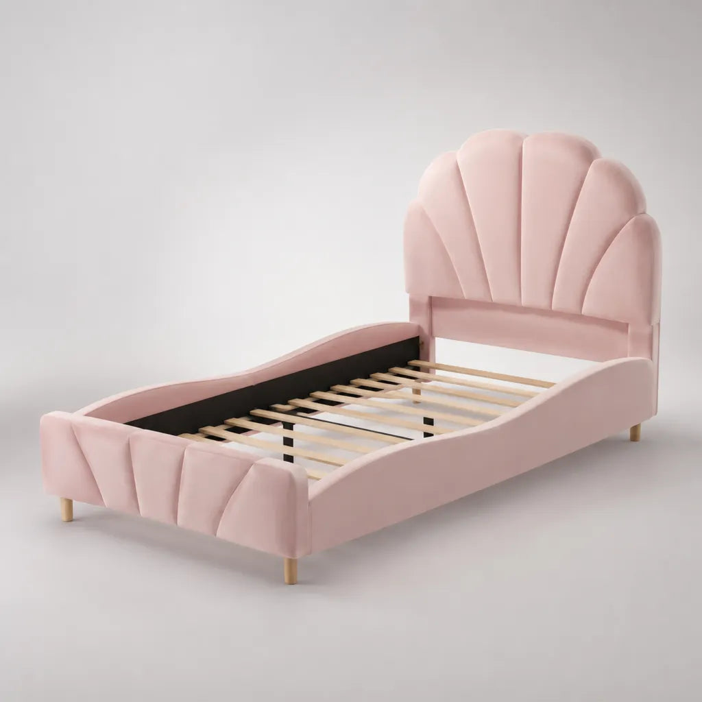 Polsterbett 90 × 200 cm mit Lattenrost und Muschel-Kopfteil aus Polyester-Samt, Rosa, 214 × 106 × 128 cm
