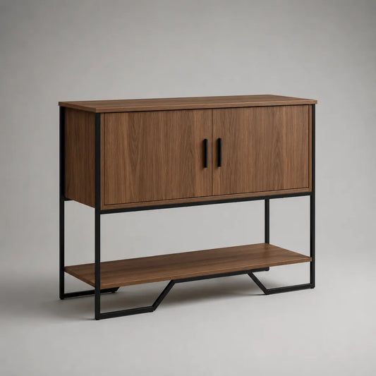 Konsolenschrank mit 2 Türen und Ablage, Holz und Stahl, Walnussbraun und Schwarz, 100 × 35 × 90 cm