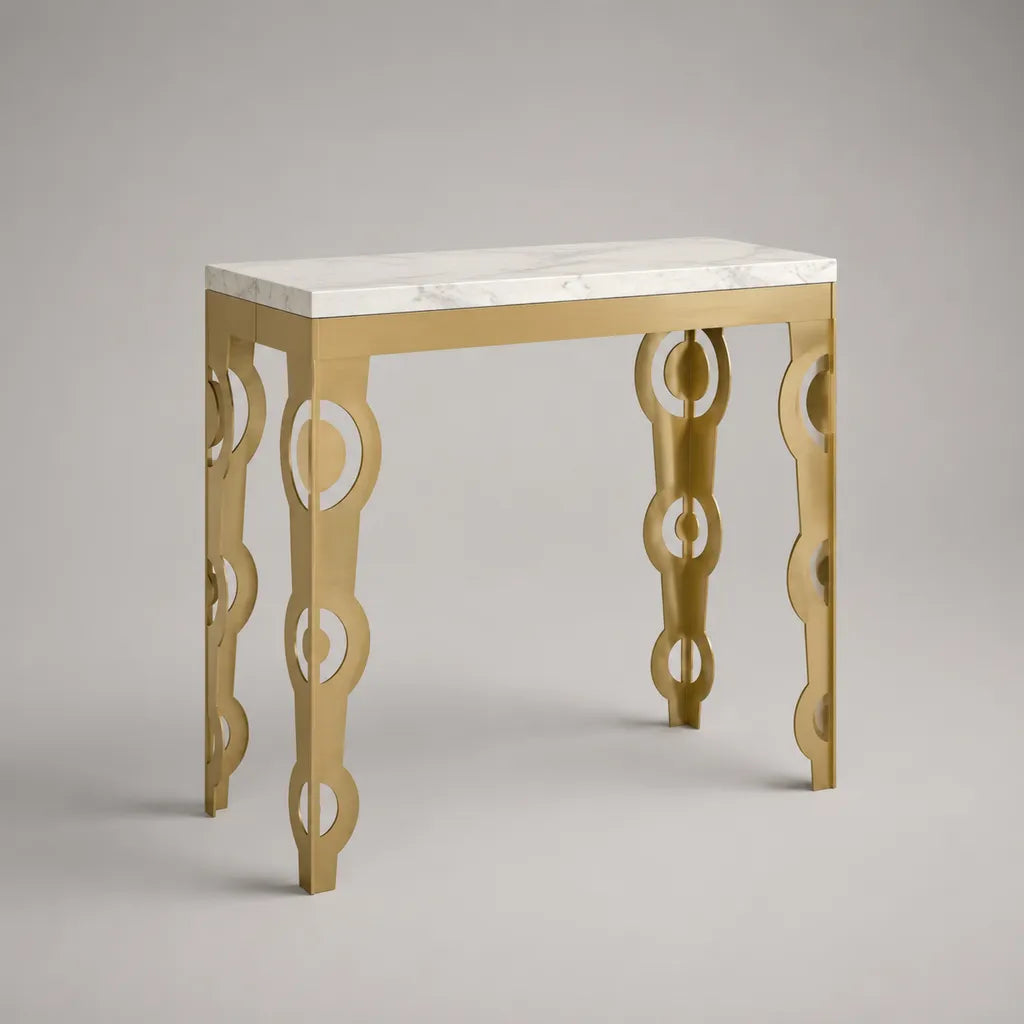 Rechteckiger Konsolentisch aus gesintertem Stein und Stahl, Weiß-Grau/Gold, 80 × 30 × 80 cm