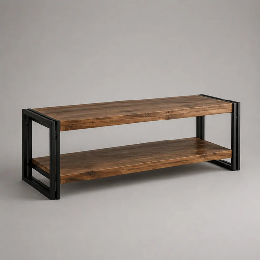 Rechteckiger Couchtisch mit Ablage aus massivem Kiefernholz und Stahl, Braun/Schwarz, 110 x 55 x 45 cm