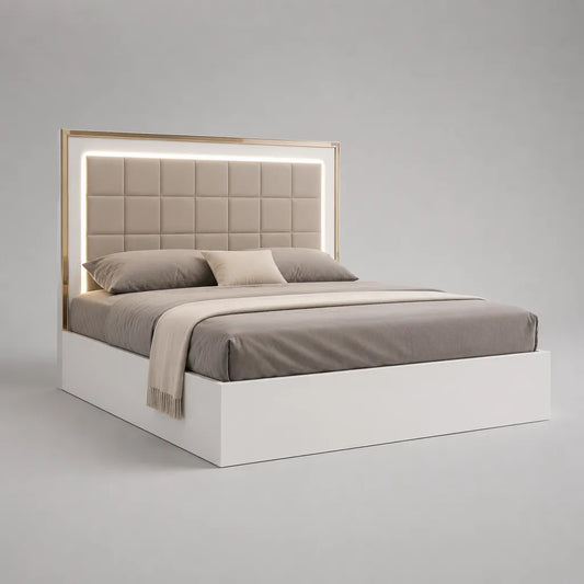 Polsterbett mit LED-Kopfteil, rechteckig, Weiß/Beige/Messingfarben, Liegefläche 160 x 200 cm, Polyester und Spanplatte