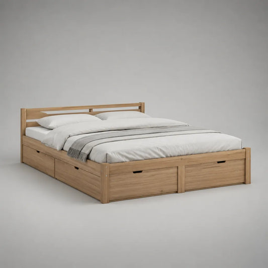 Stauraumbett Doppelbett aus massivem Kiefernholz mit 8 Schubladen, Natur eichefarben, Liegefläche 180 x 200 cm, Außenmaß 218 x 188 x 90 cm