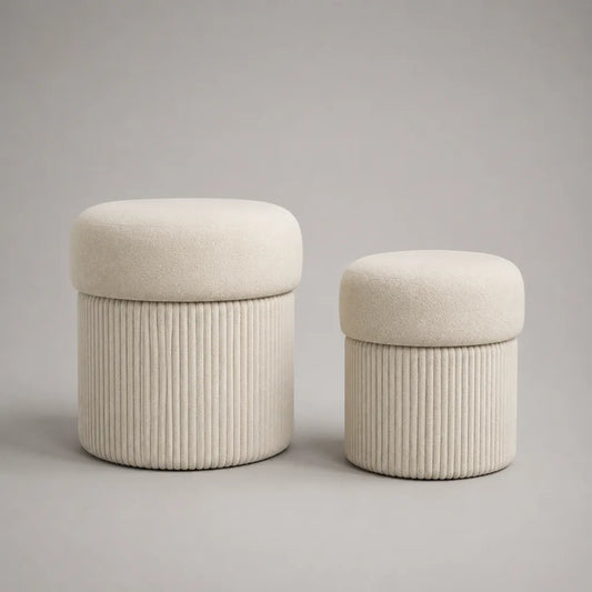 Fußhocker 2er-Set, runde Polsterhocker aus Polyester-Bouclé und Cord, Cremeweiß, Ø 44 × H 49 cm und Ø 35 × H 40 cm