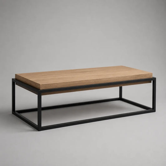 Rechteckiger Couchtisch aus massiver Eiche und pulverbeschichtetem Stahl, Natur und Schwarz, 110 × 60 × 40 cm