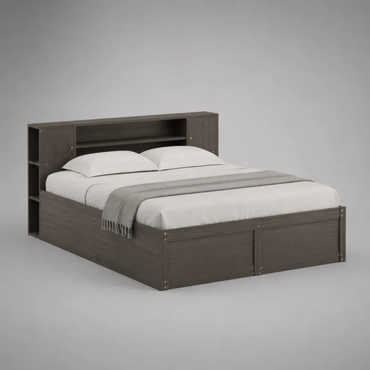 Doppelbett aus Holzwerkstoff mit Stauraum-Kopfteil, Dunkelbraun, Liegefläche 160 × 200 cm, Gesamtmaß 225 × 168 × 110 cm