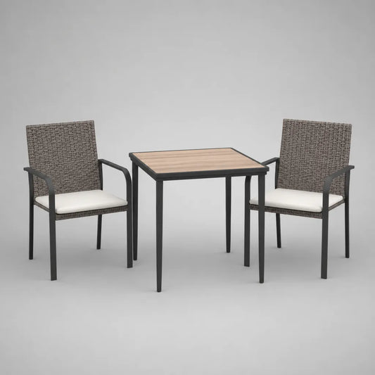 3-teiliges Gartenmöbel-Set aus PE-Rattan und Stahl, 2 Stühle 56 × 58 × 84 cm, Tisch 60 × 60 × 72 cm, Grau, Anthrazit, Naturweiß und Hellbraun