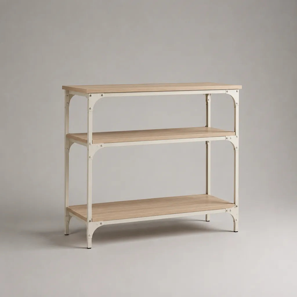 Rechteckiger Konsolentisch mit 3 Ablagen aus MDF und Stahl, Weiß/Natur, 100 × 35 × 100 cm