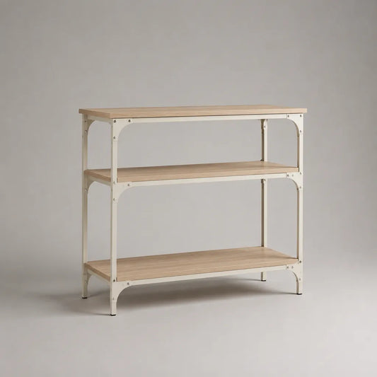 Rechteckiger Konsolentisch mit 3 Ablagen aus MDF und Stahl, Weiß/Natur, 100 × 35 × 100 cm