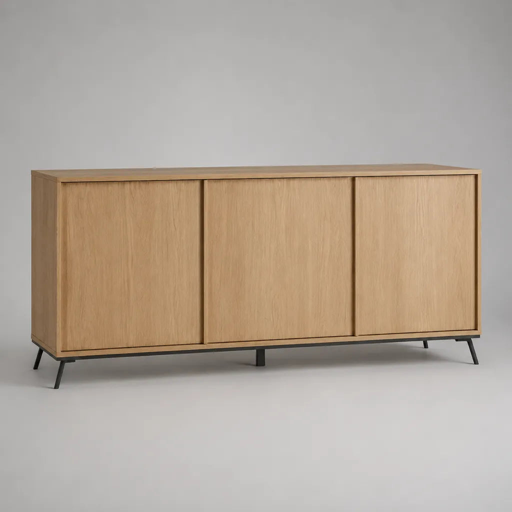 Sideboard mit 3 Türen, Eichenfurnier und Stahlgestell, Eiche natur/Schwarz, 160 × 40 × 78 cm