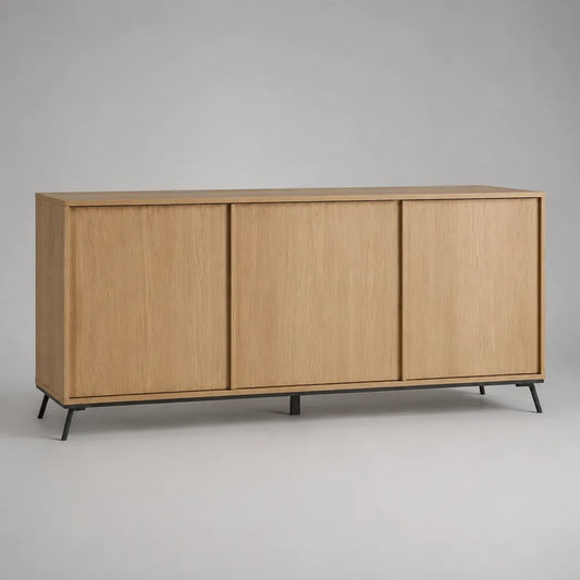 Sideboard mit 3 Türen, Eichenfurnier und Stahlgestell, Eiche natur/Schwarz, 160 × 40 × 78 cm