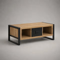 Rechteckiger Couchtisch mit Stauraum aus Massivholz und Stahl, Naturbraun/Schwarz, 100 × 50 × 45 cm