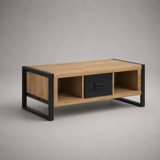 Rechteckiger Couchtisch mit Stauraum aus Massivholz und Stahl, Naturbraun/Schwarz, 100 × 50 × 45 cm