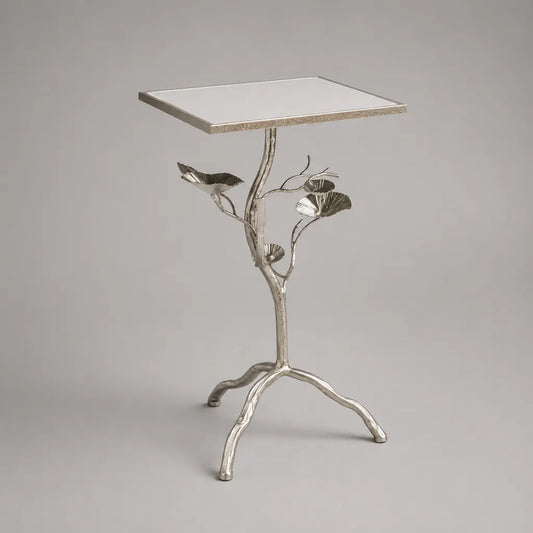 Rechteckiger Beistelltisch aus Aluminiumguss und Spiegelglas, Silber, 45 × 35 × 68 cm