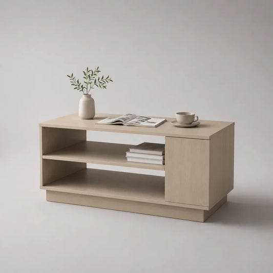Rechteckiger Couchtisch aus melaminbeschichteter Spanplatte mit 2 Ablagefächern und Schrankfach, Beige und helle Eichenoptik, 100 × 50 × 50 cm