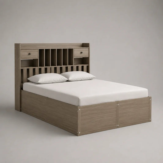 Doppelbett aus melaminbeschichteter Spanplatte mit Regalkopfteil und 2 Schubladen, Graubraun, Liegefläche 140 x 200 cm, Gesamtmaß 150 x 218 x 150 cm