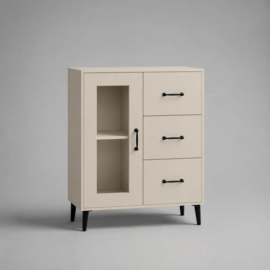 Sideboard aus MDF und Spanplatte mit 3 Schubladen und 1 Glastür, Beige/Schwarz, 80 × 35 × 100 cm